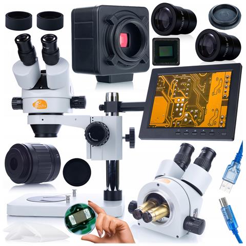 Set Microscopio Avanzato Mercury Pro Con Telecamera, Supporto Display E Schermo 8"" - Zoom 7x-45x, Testa Trinoculare, Compatibile Con Applicazioni Professionali - Foto 1