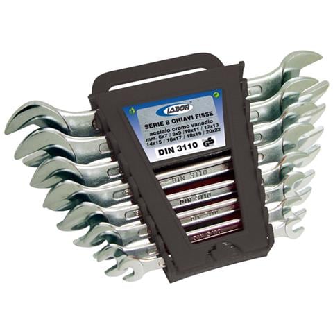 Serie Chiavi A Forchetta Doppia, Teste Sottili E Inclinate A 15㸠In Acciaio Cromo Vanadio, Con Supporto In Plastica, A Norme Din 3110 E Certificate Dall'istituto Tå¡v Con Marchio Gs. Misure Mm. 6x7 - 8x9 - 10x11 - 12x13 - 14x15 - 16x17 - 18x19 - 20x22. - Foto 1