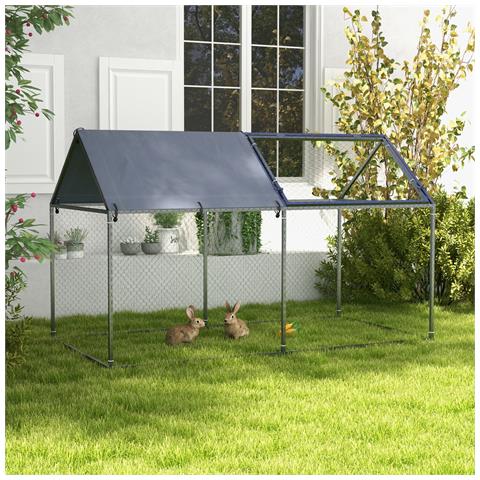 Gabbia Per Animali In Acciaio Con Tetto In Tessuto Oxford E Picchetti, 198x100x120 Cm, Verde E Argento - Foto 6