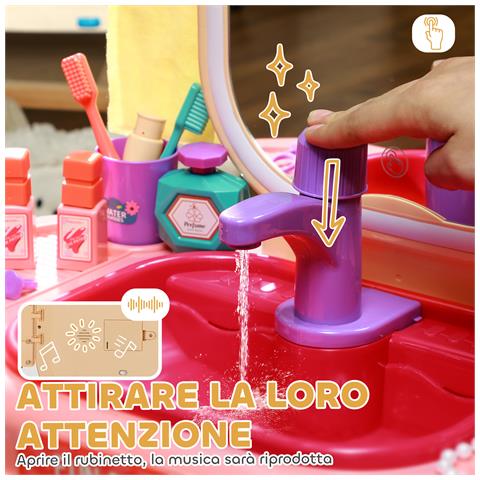 Tavolo Toeletta per Bambine 3-6 Anni con Specchio in Acrilico e Rubinetto, in PP e GPPS, 55x29x71 cm, Rosa - Foto 2