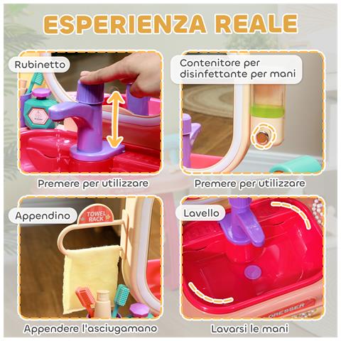 Tavolo Toeletta per Bambine 3-6 Anni con Specchio in Acrilico e Rubinetto, in PP e GPPS, 55x29x71 cm, Rosa - Foto 6