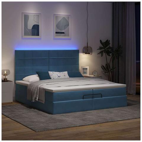 Pouf Letto Con Materassi E Led Blu Scuro 200x200cm Velluto - Foto 3