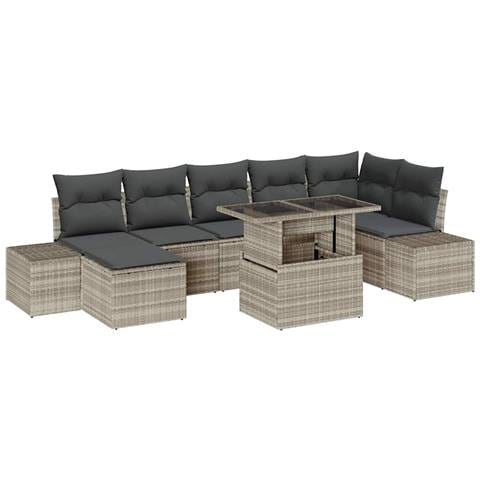 Set da giardino 8 pezzi con cuscini in polirattan grigio chiaro - Foto 1