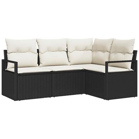 Set di divani da giardino 4 pezzi con cuscini Nero Polyrattan, Divano da giardino 2 posti con cuscini Nero Polyrattan - Foto 1