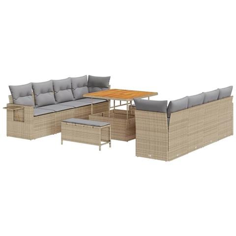 Set Divano da Giardino  11 Pezzi con Cuscini Beige Polyrattan Acacia, Set da Pranzo Giardino  3 Pezzi con Cuscini Beige Polyrattan Acacia - Foto 1