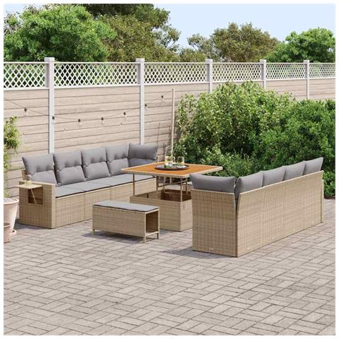 Set Divano da Giardino  11 Pezzi con Cuscini Beige Polyrattan Acacia, Set da Pranzo Giardino  3 Pezzi con Cuscini Beige Polyrattan Acacia - Foto 2