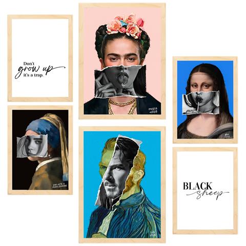 Set Di 6 Stampe Iconico Collage Pop Art Di Frida Van Gogh Incorniciato Con Illustrazioni Per La Casa, Negozio, Pittura A3 & A4 Telaio In Legno Chiaro - Foto 1