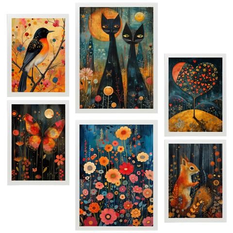 Set Di 6 Stampe Dipinto Decorativo Animali E Natura Ispirato A Rosina Wachtmeister Incorniciato Con Illustrazioni Per Le Pareti A3 & A4 Cornice Bianca - Foto 1