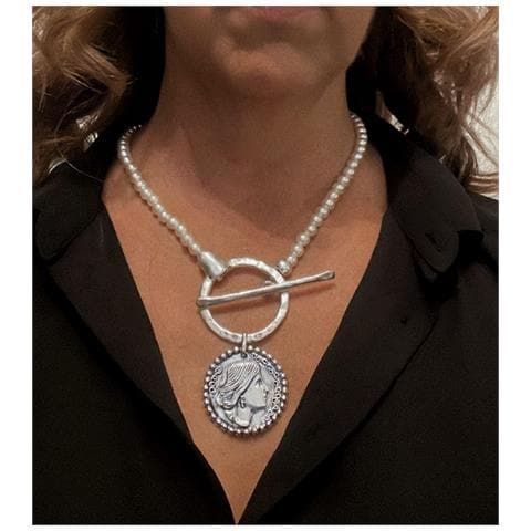 Collana Di Perle Con Chiusura Rotonda E Moneta Gr In Argento - Foto 2