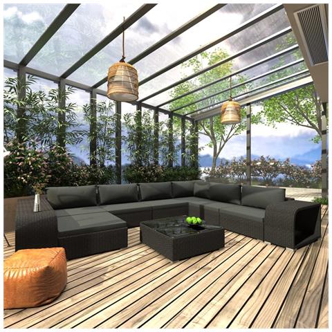 Set Divani da Giardino 10 pz con Cuscini in Polyrattan Nero - Foto 2