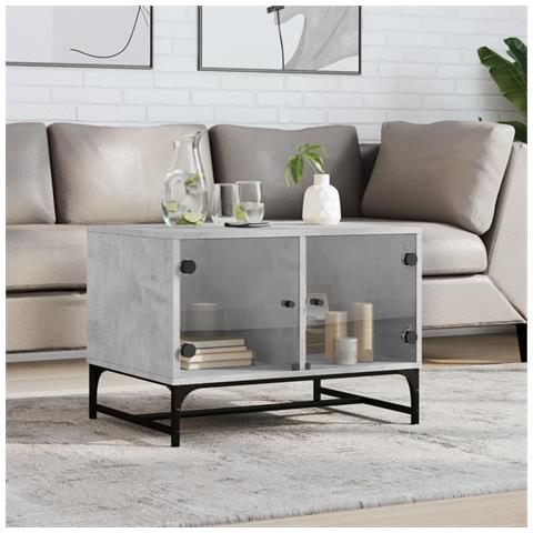 Tavolino Salotto Con Ante In Vetro Grigio Cemento 68,5x50x50 Cm - Foto 1