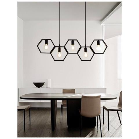 Lampadario A Sospensione 5 Portalampada E27 In Metallo Geometrico Esagonale - Foto 1