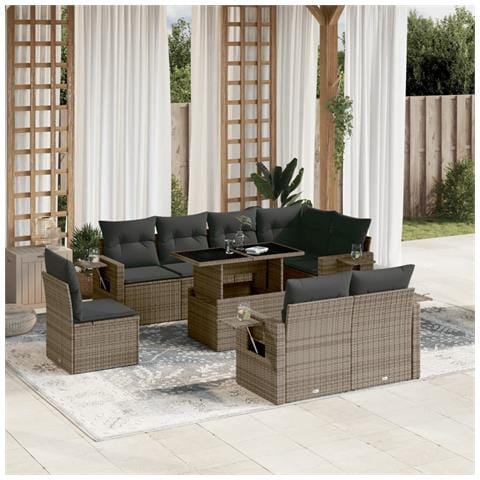 Set Divano Da Giardino 9 Pz Con Cuscini Grigio In Polyrattan - Foto 1