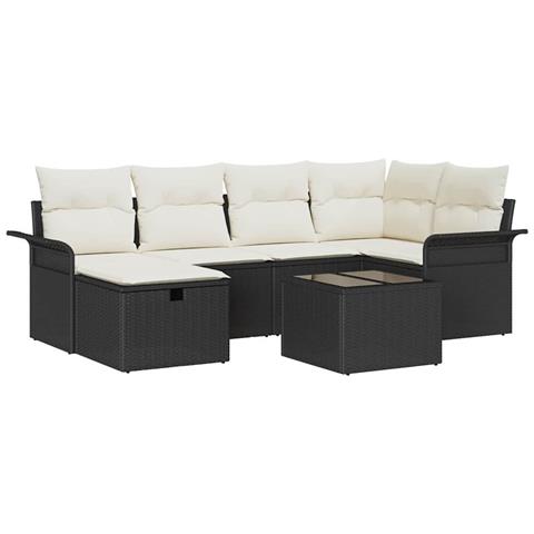 Set Divano da Giardino di 7 pezzi con Cuscini Neri Polyrattan - Foto 1