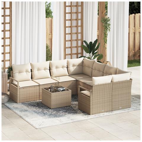 Set Divano da Giardino  9 Pezzi con Cuscini Beige Rattan Sintetico, Divano da Giardino 2 Persone  con Cuscini Beige Rattan Sintetico - Foto 2