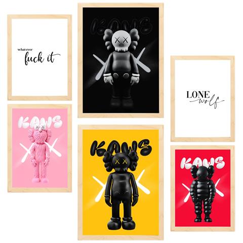 Set Di 6 Stampe Iconico Dipinto Colorato Kaws Con Illustrazioni Di Design Per Pareti, Casa, Stanza, Negozio, Pittura A3 & A4 Telaio In Legno Chiaro - Foto 1