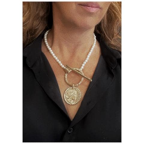 Collana Di Perle Con Chiusura Rotonda E Moneta Gr In Oro - Foto 3