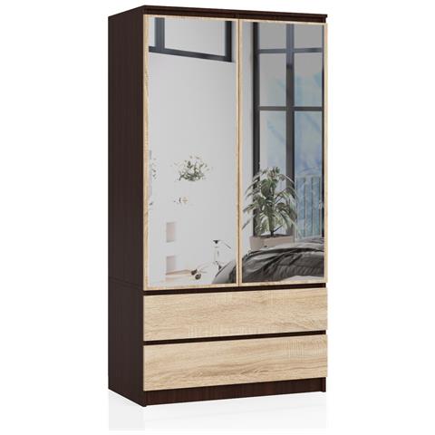 Armadio A 2 Ante Battenti E Cassetti S90 con specchio, 90x51x180 cm, Colore Weng? e Sonoma Quercia - Foto 1