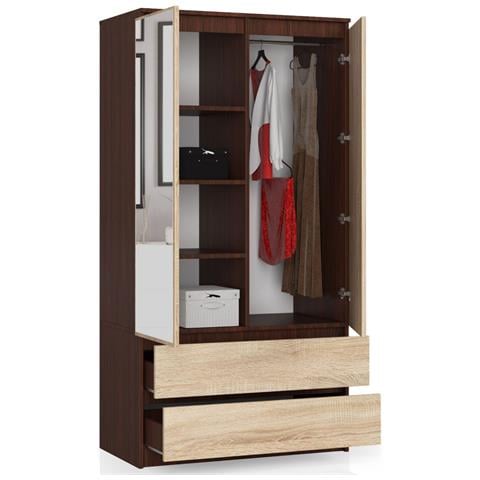 Armadio A 2 Ante Battenti E Cassetti S90 con specchio, 90x51x180 cm, Colore Weng? e Sonoma Quercia - Foto 2