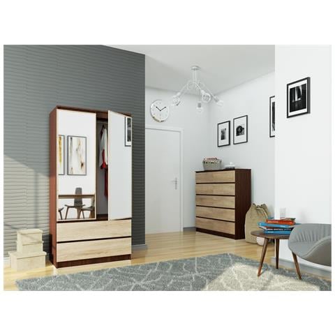 Armadio A 2 Ante Battenti E Cassetti S90 con specchio, 90x51x180 cm, Colore Weng? e Sonoma Quercia - Foto 5