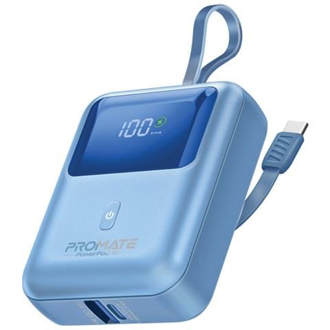 Power Bank Con Cavo Usb-c Integrato Powerpod-10 10000 Mah 30w 1x Usb-c, 1x Usb-a, Cavo Usb-c, Blu - Foto 1