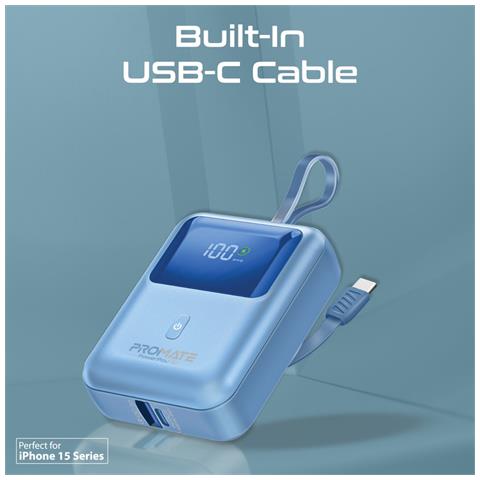 Power Bank Con Cavo Usb-c Integrato Powerpod-10 10000 Mah 30w 1x Usb-c, 1x Usb-a, Cavo Usb-c, Blu - Foto 2