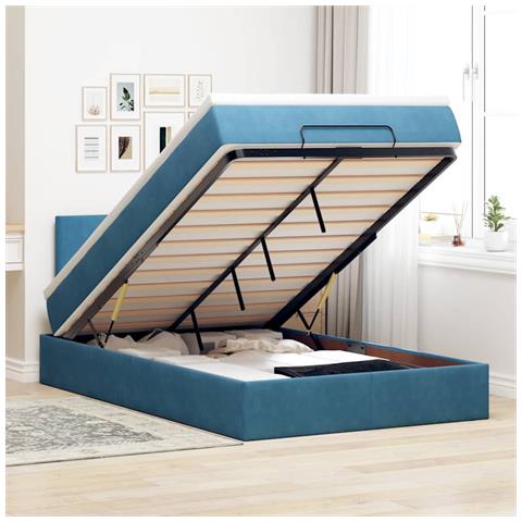 Struttura Letto Pouf Con Materasso Blu Scuro 120x200 Cm Velluto - Foto 1