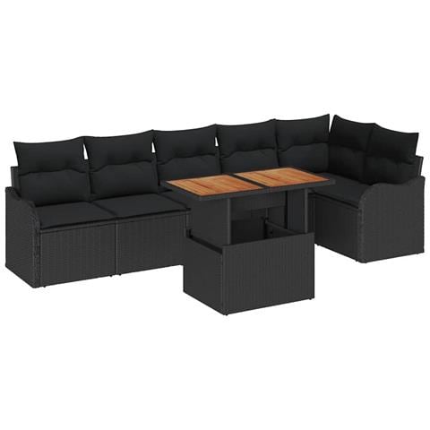 Set Divano da Giardino di 7 Pezzi con Cuscini Nero in Rattan Polivalente, Divano da Giardino a 2 Posti con Storage e Cuscini Nero in Rattan Polivalente - Foto 1