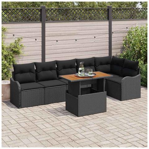 Set Divano da Giardino di 7 Pezzi con Cuscini Nero in Rattan Polivalente, Divano da Giardino a 2 Posti con Storage e Cuscini Nero in Rattan Polivalente - Foto 2