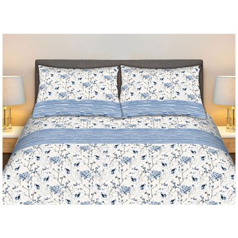 Completo Lenzuola Stiro Facile 100% Cotone Made Italy Effetto Seta Bouquet Matrimoniale Azzurro - Foto 1