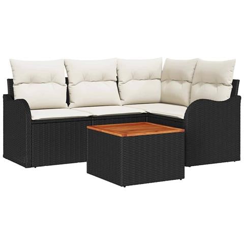 Set Divano da Giardino 5 Pezzi con Cuscini Nero Rattan Sintetico Acacia, Divano da Giardino a 2 posti con Cuscini Nero Rattan Sintetico - Foto 1