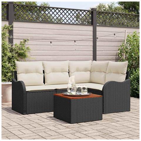 Set Divano da Giardino 5 Pezzi con Cuscini Nero Rattan Sintetico Acacia, Divano da Giardino a 2 posti con Cuscini Nero Rattan Sintetico - Foto 2