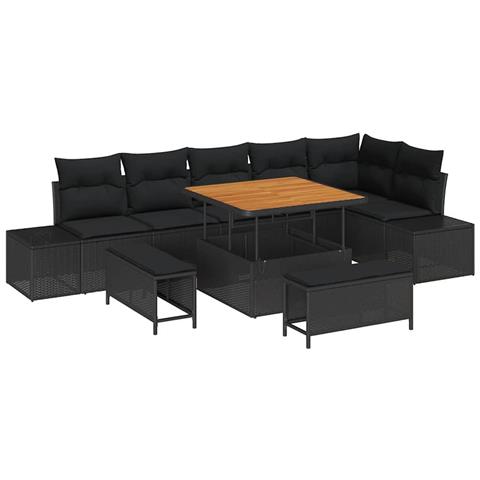 Set Divano da Giardino 9 Pezzi con Cuscini Nero Polyrattan Acacia, Divano da Giardino 2 Posti con Cuscini Nero Polyrattan, Set da Pranzo Giardino 3 Pezzi con Cuscini Nero Polyrattan Acacia - Foto 1