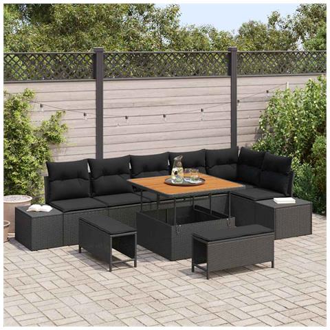 Set Divano da Giardino 9 Pezzi con Cuscini Nero Polyrattan Acacia, Divano da Giardino 2 Posti con Cuscini Nero Polyrattan, Set da Pranzo Giardino 3 Pezzi con Cuscini Nero Polyrattan Acacia - Foto 2