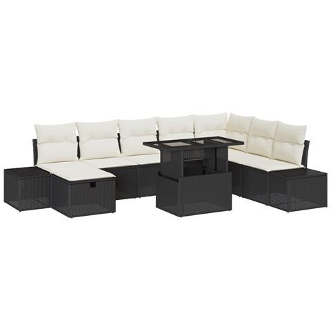 Set Divano da Giardino 9 Pezzi con Cuscini Nero Polyrattan - Foto 1