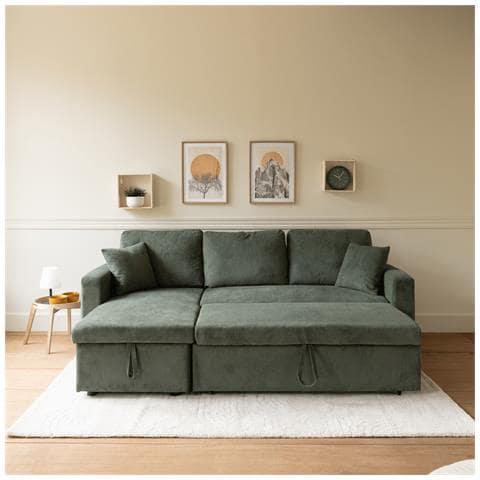Divano Letto Angolare Clark A 3 Posti In Velluto A Coste Verde - Foto 8