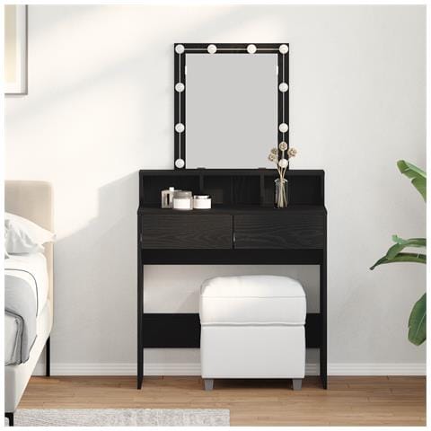 Tavolo da toeletta con specchio e luci LED in rovere nero legno ingegnerizzato - Foto 2