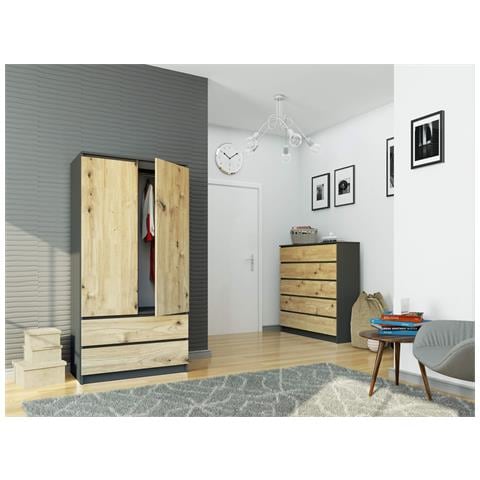 Armadio A 2 Ante Battenti E Cassetti S90, 90x51x180 cm, Colore Grigia Grafite e Quercia Artisan - Foto 4