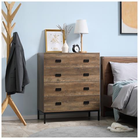 Cassettiera 4 Cassetti In Truciolato E Metallo Per Soggiorno E Camera Da Letto, 80x39x95 Cm, Marrone - Foto 2