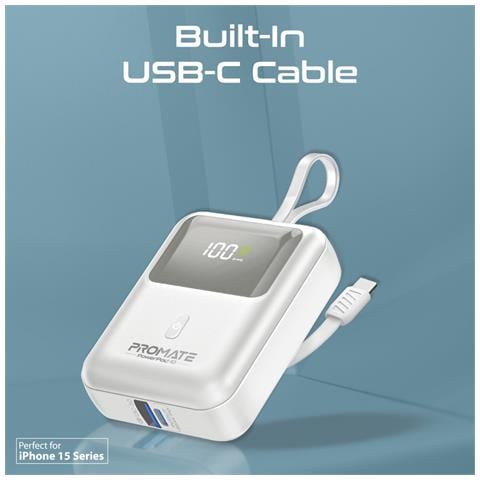 Power Bank Con Cavo Usb-c Ontegrato Powerpod-10 10000 Mah 30w 1x Usb-c, 1x Usb-a, Cavo Usb-c, Bianco - Foto 2