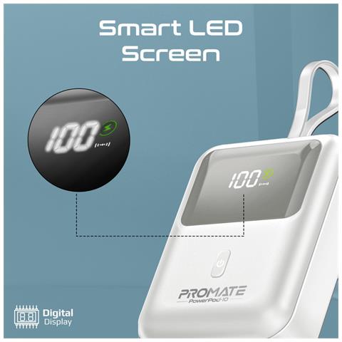 Power Bank Con Cavo Usb-c Ontegrato Powerpod-10 10000 Mah 30w 1x Usb-c, 1x Usb-a, Cavo Usb-c, Bianco - Foto 8