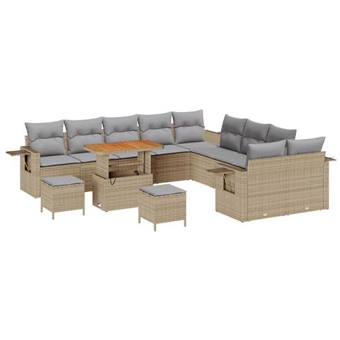Set di Divani da Giardino da 13 Pezzi con Cuscini Beige in Rattan Polietilene e Acacia, Set di Pranzo da Giardino da 3 Pezzi con Cuscini Beige in Rattan Polietilene e Acacia - Foto 1