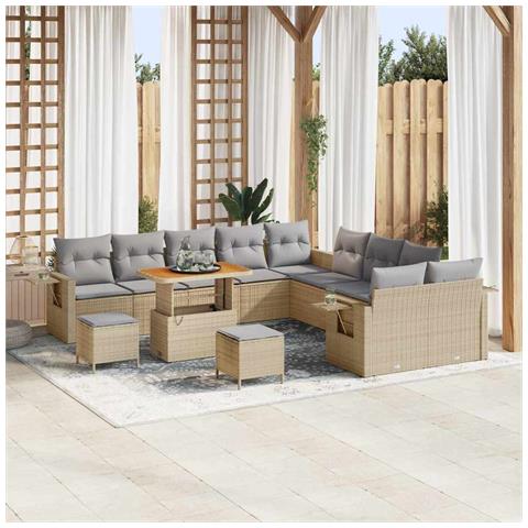 Set di Divani da Giardino da 13 Pezzi con Cuscini Beige in Rattan Polietilene e Acacia, Set di Pranzo da Giardino da 3 Pezzi con Cuscini Beige in Rattan Polietilene e Acacia - Foto 2