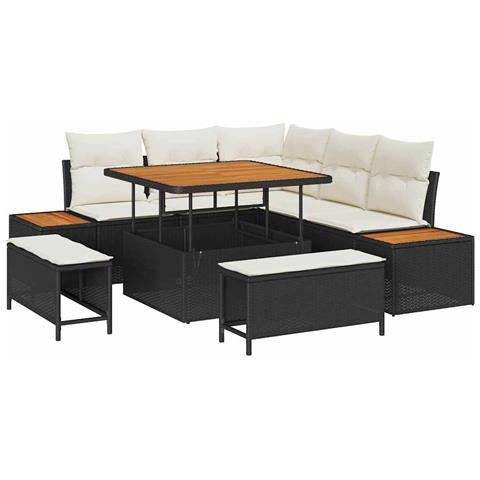 Set di Divano da Giardino da 8 Pezzi con Cuscini Nero Polyrattan Acacia, Set da Pranzo da Giardino da 3 Pezzi con Cuscini Nero Polyrattan Acacia - Foto 1