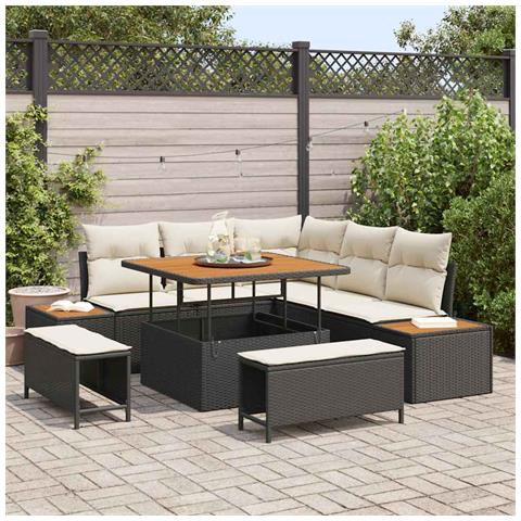Set di Divano da Giardino da 8 Pezzi con Cuscini Nero Polyrattan Acacia, Set da Pranzo da Giardino da 3 Pezzi con Cuscini Nero Polyrattan Acacia - Foto 2