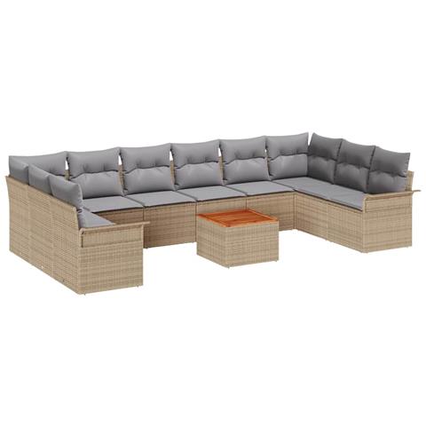 Set Divano da Giardino  11 Pezzi con Cuscini Beige Rattan Polietilene Acacia, Divano da Giardino 2-Posto  con Magazzino e Cuscini Beige Rattan Polietilene - Foto 1