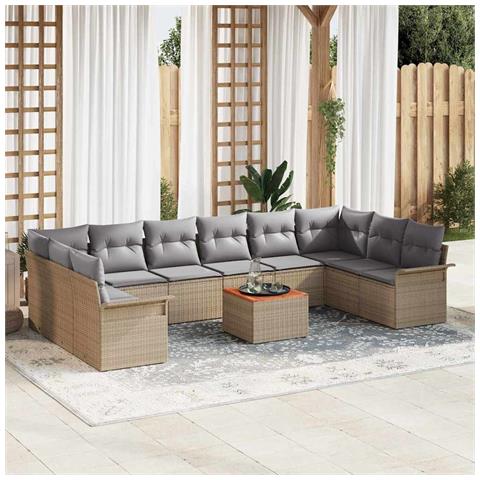 Set Divano da Giardino  11 Pezzi con Cuscini Beige Rattan Polietilene Acacia, Divano da Giardino 2-Posto  con Magazzino e Cuscini Beige Rattan Polietilene - Foto 2