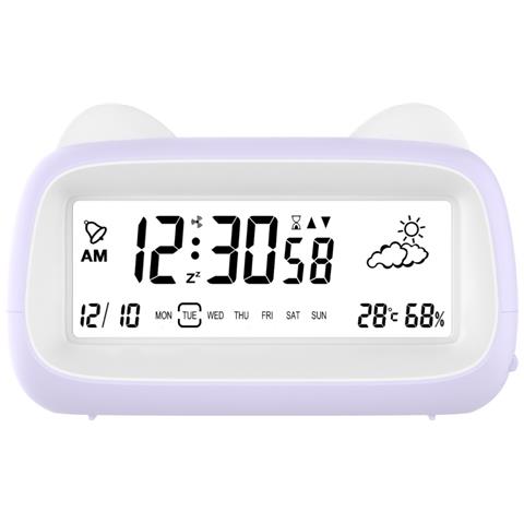 Sveglia A Forma Di Gatto Ricaricabile Con Luce Notturna, Temperatura E Funzione Snooze Purple - Foto 1