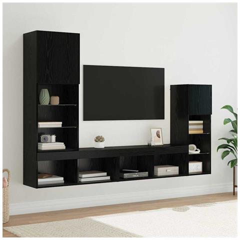 Unità per TV a Muro 4 pcs Rovere Nero Legno multistrato - Foto 2