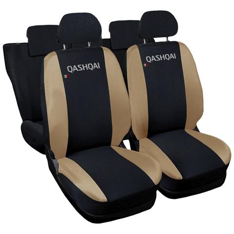 Coprisedili Auto Compatibili Per Qashqai, Made In Italy, Set Di Copri Sedili Anteriori E Posteriori Con Copri Poggiatesta Incluso, Tessuto Poliestere, Colore - Nero \beige - Foto 1